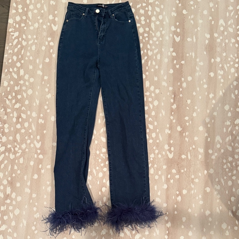Boohoo Dark Blue Straight Leg Jeans with Feather Hem